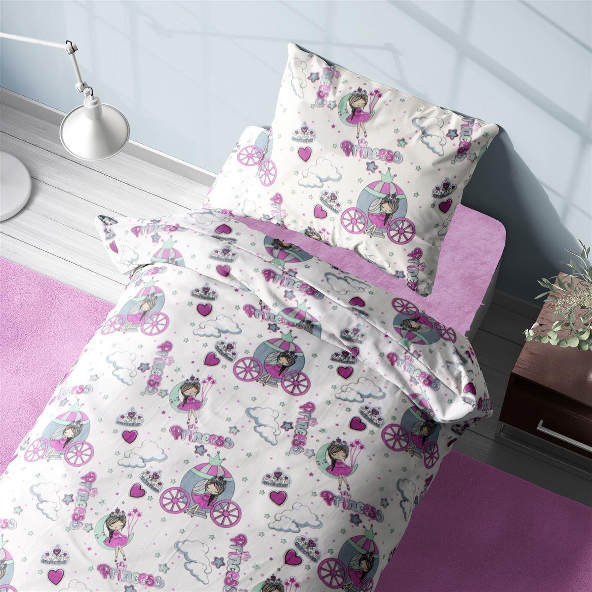 DIMcol Σεντόνια Εμπριμέ Σετ 3 τεμ kids Princess 389 160X240 White-Lila 70/30 Cott/Pol